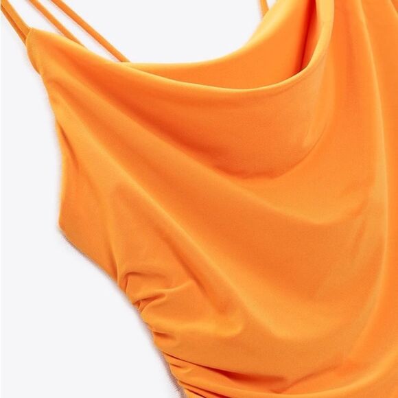 Zara Draped Neck Dress with thin double straps in back Orange L NWT - Picture 7 of 10